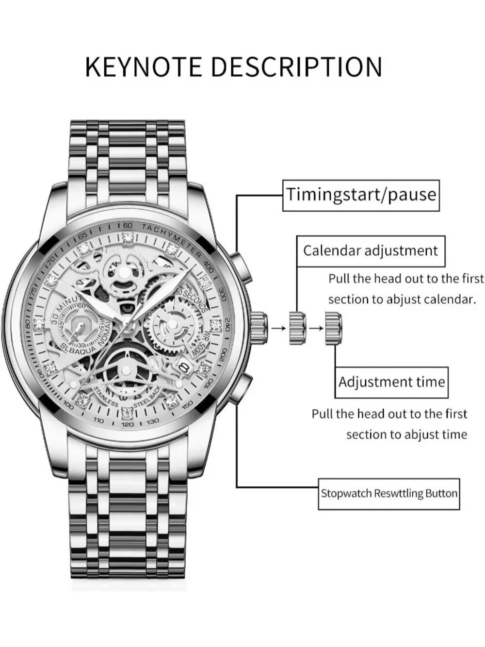 Mens All Silver Stainless Steel Analog Chronograph 3ATM Waterproof Luxury Watch